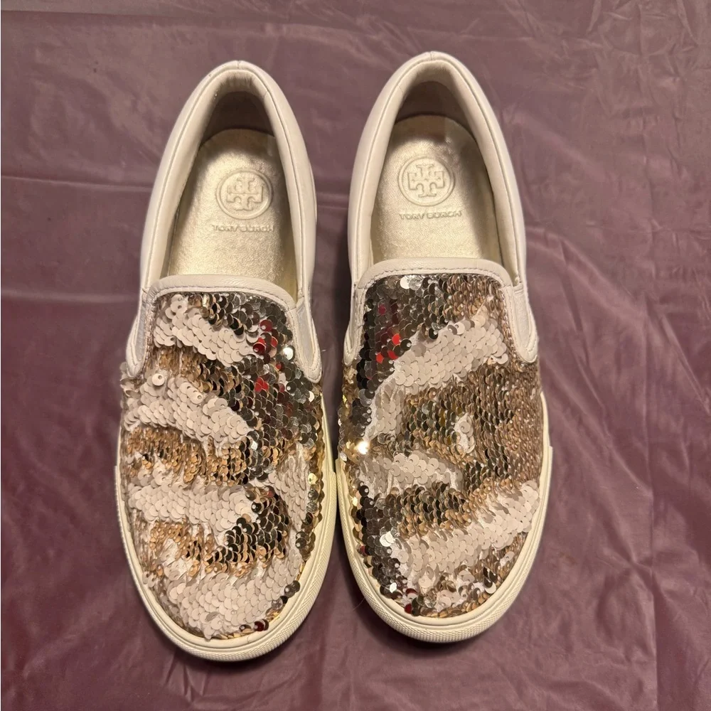 Tory Burch Carter Leather Slip-On Sneaker US 5.5 Sparkle Gold/Snow White $248